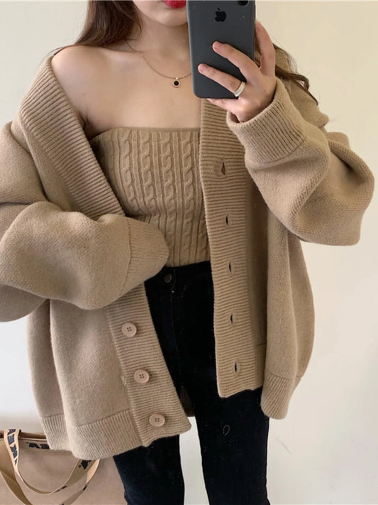 Oversized Knit Cardigan with Strapless Top Sweater Set