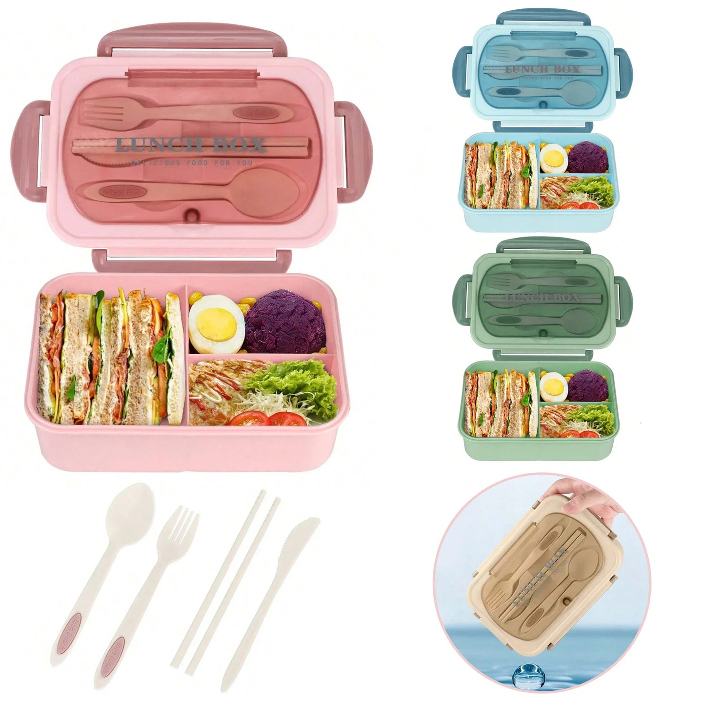 4 Compartment Bento Lunch Box With Utensils
