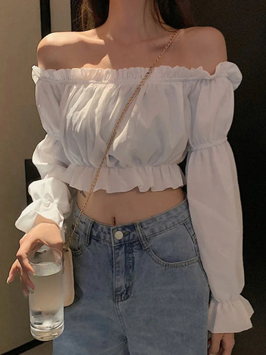 Off Shoulder Long Sleeve Ruffle Blouse