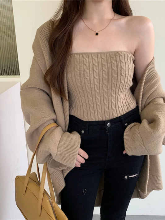 Oversized Knit Cardigan with Strapless Top Sweater Set
